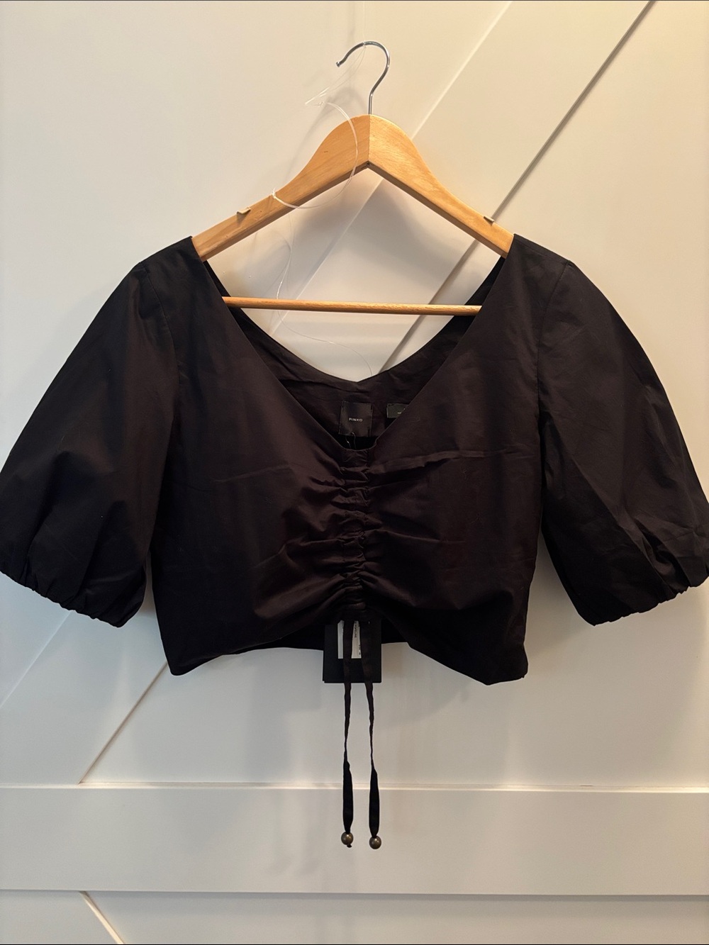 Pinko Black Ruched Drawstring Puff Sleeve Crop Top